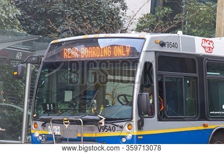 Vancouver, Canada - April 2,2020: Translink Bus With Sign 