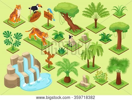 Isometric Jungle Animal Set With Constructor Elements Of Exotic Jungle Trees Plants And Birds With W