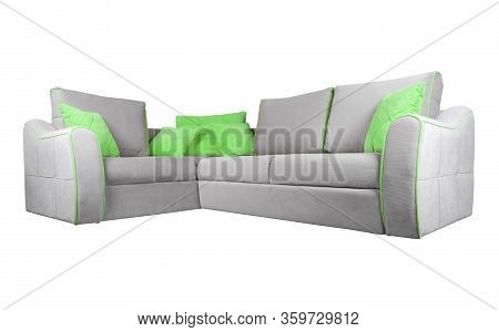 Gray Sofa With Green Pillows Isolated On A White Background. Gray Sofa Isolated Over White With Clip