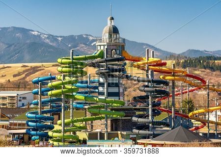 Besenova, Slovakia - April 5, 2020: Large Colorful Water Slides In Aqua Park