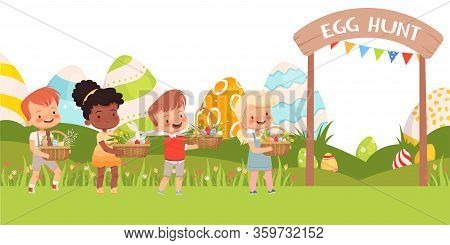 Little Cute Children Carry Easter Baskets With Colored Eggs And First Flowers. Banner For The Childr