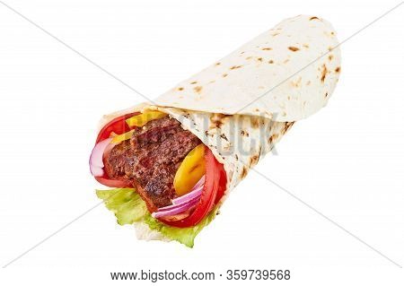 Beef Roll Or Shawarma Or Doner Isolated On White Background. Shawarma Tomato, Red Onion, Lettuce, Be