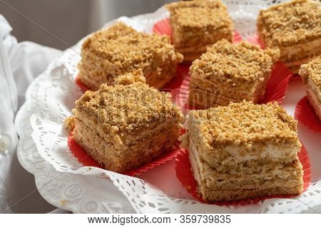 Cake Honey On A Tray At The Waiter.