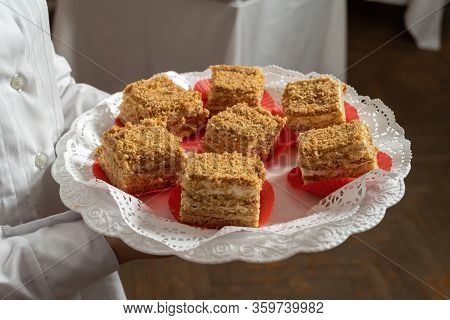 Cake Honey On A Tray At The Waiter.