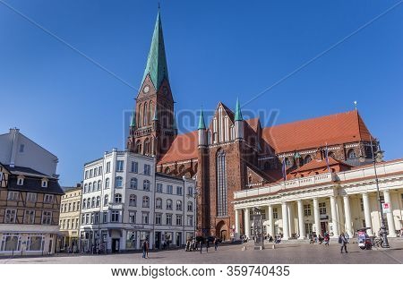 Schwerin, Germany - April 16, 2019: Dom Church At The Historic Market Square Of Schwerin, Germany