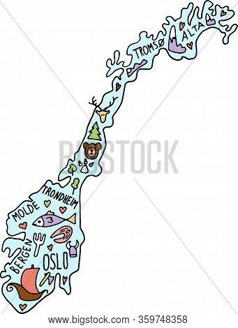 Colored Hand Drawn Doodle Norway Map. Norwegian City Names Lettering And Cartoon Landmarks, Tourist 