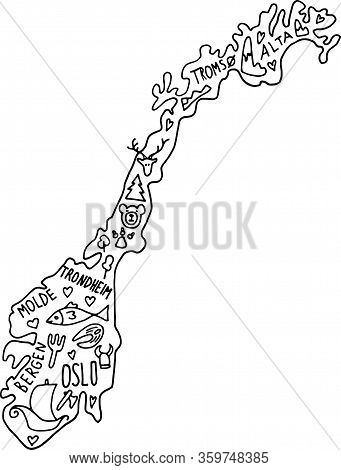 Hand Drawn Doodle Norway Map. Norwegian City Names Lettering And Cartoon Landmarks, Tourist Attracti