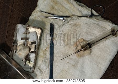 Surgical Instrument With A Dose Of Anesthesia Before Surgery. Surgical Table Top View