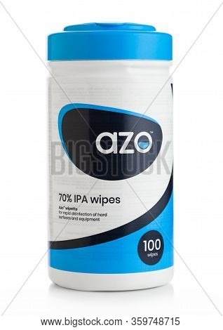 London, Uk - April 01, 2020: Plastic Container Of Azo 70% Ipa Wipes On White. For Rapid Disinfection