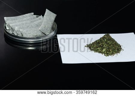 Box Snus - Grated Moistened Powder And Chewing Tobacco. Close-up. Tobacco Product