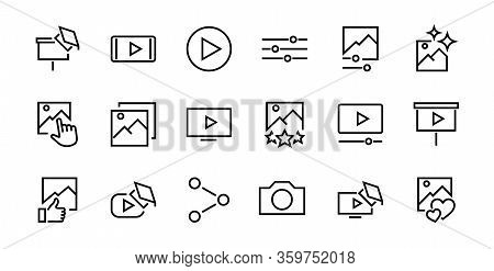 Set Of Images Gallery Vector Line Icons. Contains Icons Such As Video, Play Video, Edit Images, Busi