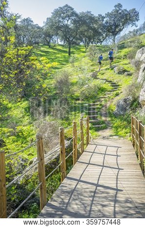 Trekkers Walking Along River Muelas Track,  Cornalvo Natural Park, Extremadura, Spain