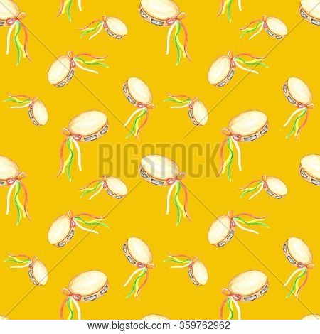Seamless Pattern Italian Tarantella A Tambourine On Yellow Background. Folk Italy Music Instrument. 