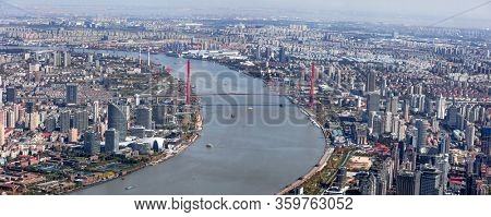 Shanghai - China - November 9,2019: Yuangpu bridge in Shanghai, its longest span of 602 m makes it one of the longest cable-stayed bridges in the world .