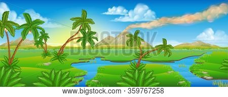 A Cartoon Prehistoric Background Jurassic Scene Landscape