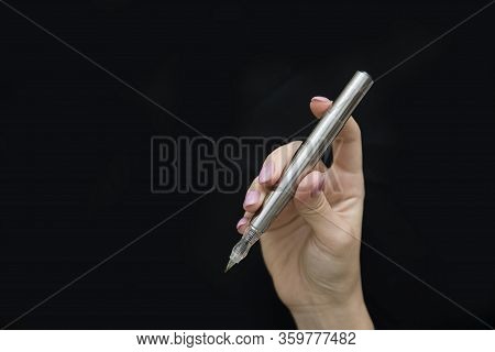 Silver Microblading Pen For Eyebrow On Black Background