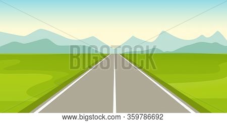 Panorama Landscape View Of Country Road On The Hill With High Mountain. Landscape Summer Cartoon Sty