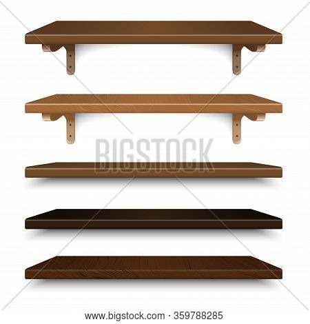 Wood Shelves, Wall Group Of Wide Mahogany Wood Grain Shelves With Brackets, Isolated On White Backgr