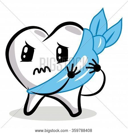 Sick Tooth With A Bandage Vector Cartoon Character Isolated On White Background.