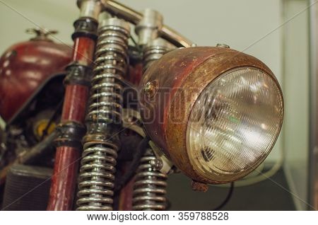 Wroclaw, Poland - August 11, 2019: Usa Cars Show: Close Up Shot Of A Vintage Motorcycle Headlight.