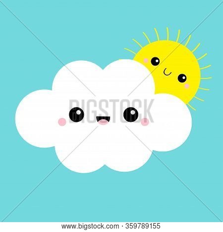 White Cloud And Yellow Sun Set. Smiling Face, Tongue. Love Friend Couple. Fluffy Clouds. Cute Cartoo