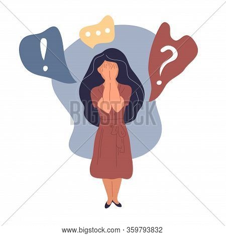 Anxiety Or Panic Attack. Sad Nervous Woman With Lowered Head Having Panic Disorder.