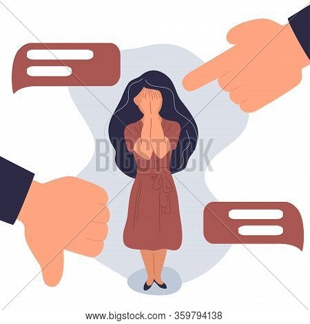 Cyberbullying Concept, Sad Women In Front Of Laptop. Bully And Harass A Girl