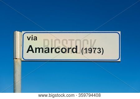 Sign of Amarcord street in Rimini named after famous film of Federico Fellini, Italy