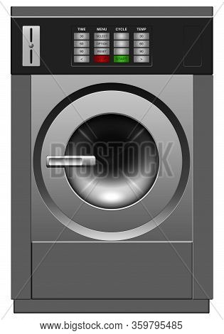A Vector Illustration Of A Brushed Metal Industrial Washing Machine On An Isolated White Studio Back
