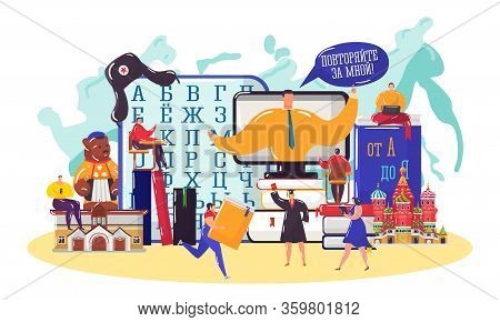Learn Russian Language Vector Illustration. Cartoon Flat Tiny Student People Learning Russian In Sch