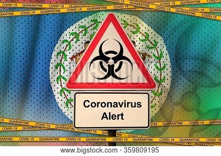 Belize Flag And Covid-19 Biohazard Symbol With Quarantine Orange Tape. Coronavirus Or 2019-ncov Viru