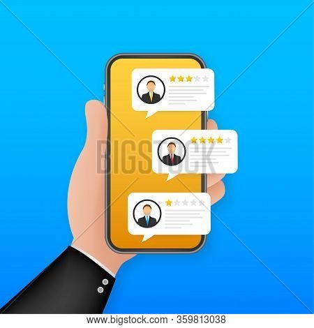 Review Rating Bubble Speeches On Mobile Phone Illustration, Flat Style Smartphone Reviews Stars With