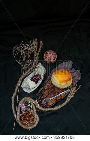 Traditional French Sweet Dessert : Scones On The Wooden Tray Served With Homemade Raspberry Jam And 