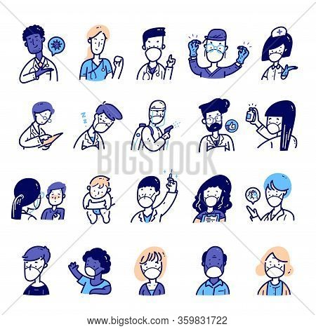 Coronavirus 2019-ncov People Avatar Characters Vector And Flat Line Illustration Set. Medical Team A