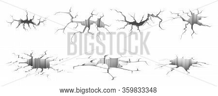 Set Of Isolated Realistic Ground Cracks Or Vector Earthquake Holes, Broken Land Or 3d Concrete Crash