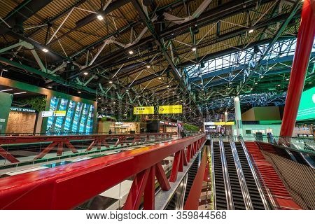 Moscow, Russia - 2020: Sheremetyevo International Airport, Interior Of Terminal C, Escalator.