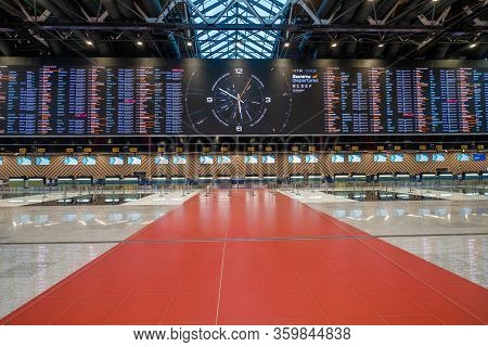 Moscow, Russia - 2020: Sheremetyevo International Airport, Terminal C. Check-in Without People. An E
