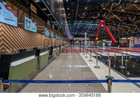 Moscow, Russia - 2020: Sheremetyevo International Airport, Terminal C. Check-in Counters, Electronic