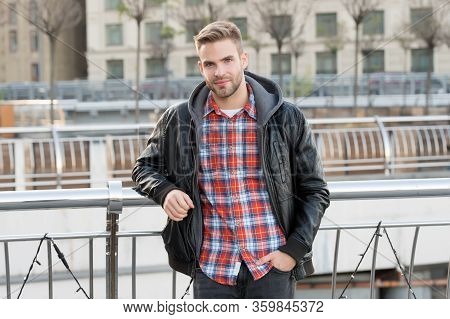 He Likes Autumn. Caucasian Man On Autumn Day. Handsome Guy Wear Fashion Autumn Style. Comfortable Au