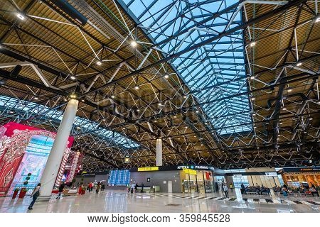 Moscow, Russia - 2020: Interior Of Sheremetyevo International Airport, Terminal C. Spacious Hall, Hi