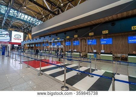 Moscow, Russia - 2020: Sheremetyevo International Airport, Terminal C, Check-in Counters.