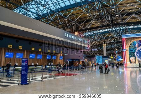 Moscow, Russia - 2020: Sheremetyevo International Airport, Terminal C, Check-in Counters.