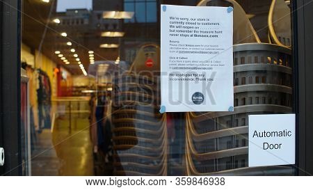 London, Uk, March, 20, 2020: Door Sign Printed Text Posted On Glass. Message On Paper For Customers.