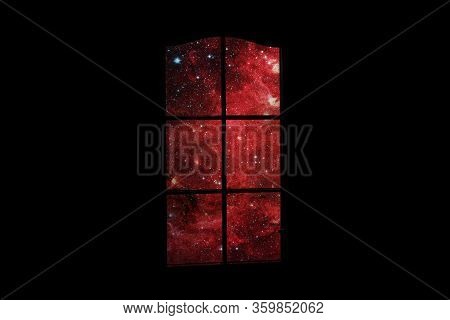 Outer Space In Dark Room. Many Stars And Red Nebula Behind Door With Glass. Abstract Image Of Mind, 