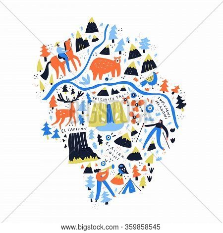 Yosemite National Park Map Hand Drawn Illustration. Natural Parkland Cartoony Ground Plan With Famou