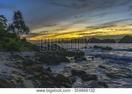 Golden Hour Colorful Sunset At Remote Untouched Beach Perfect For Camping In Banda Aceh, Sumatra, In