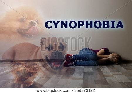 Cynophobia Concept. Double Exposure Of Scared Little Girl And Dogs