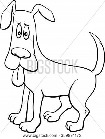 Black And White Ccartoon Illustration Of Startled Dog Comic Animal Character With Stuck Out Tongue C