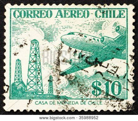 Selo postal Chile 1956 óleo Derricks e Douglas DC-6