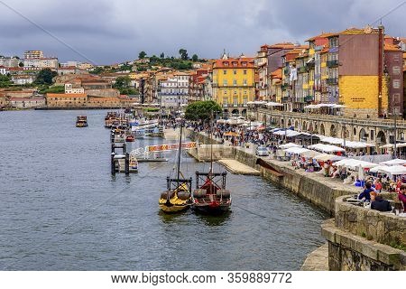 Porto, Portugal - May 30, 2018: Facades Of Traditional Houses With Azulejo Tile In Ribeira And Touri